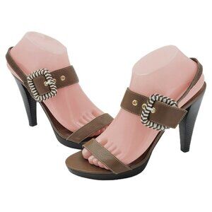 Lauren Ralph Lauren Brown Leather Heel Sandals Buckle Open Toe Size 8.5M